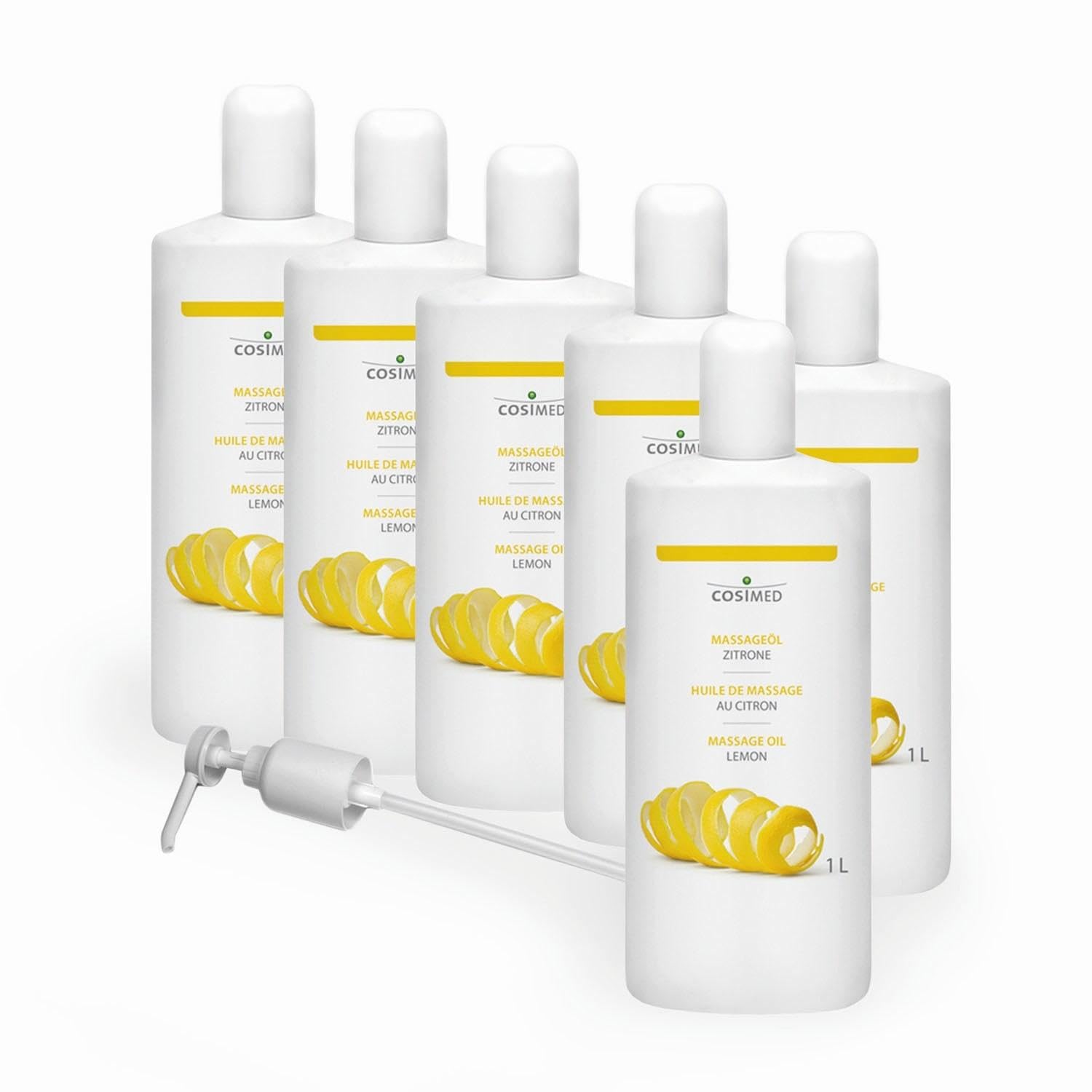 cosiMed Massageöl Zitrone | Bundle 6 x 1L | ergiebig & griffsicher | Made in Germany | inkl. Dosierpumpe