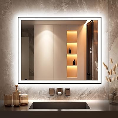 GANPE LED Bathroom Mirror, Makeup Vanity Mirror Wall Mounted, Large Aluminium Framed Illuminated Anti Fog+IP44 Waterproof+Vertical & Horizontal Mirror (32*40 inch)