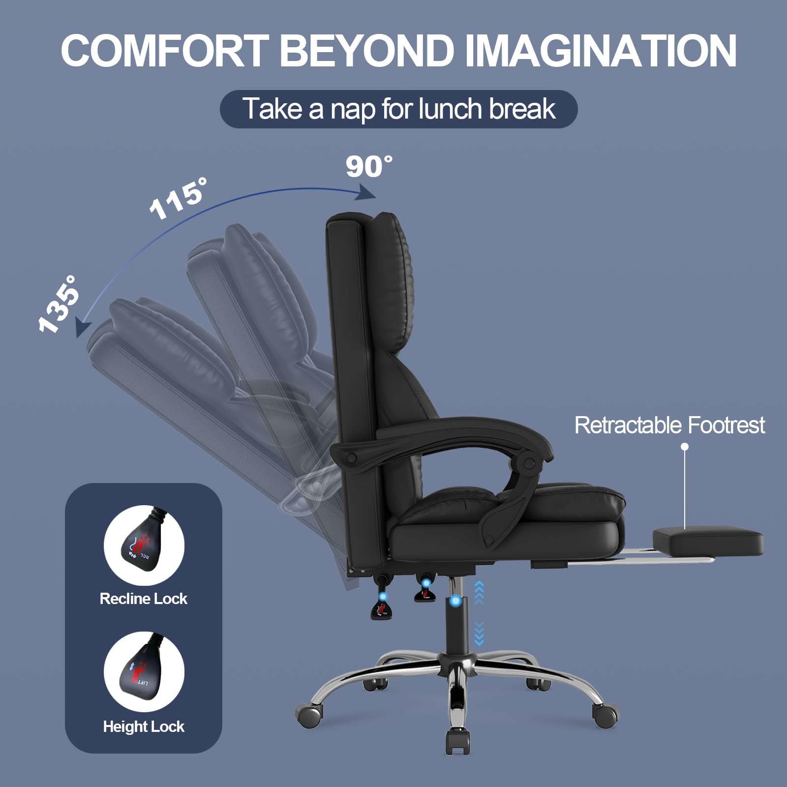 Exekutiver Ergonomischer Bürostuhl mit Fußstütze - Lederimitat neigbarer chefsessel, verstellbare Höhe und 135° neigbare Rückenlehne, Hochlehnen-Lendenstütze, für Home-Office