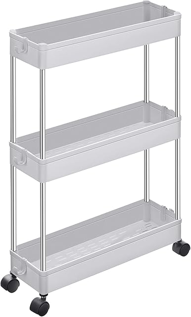 SONGMICS 3-Tier Storage Trolley, Kitchen Trolley on Wheels, Narrow Trolley for Kitchen Bathroom Office or Small Spaces, 42 x 13.5 x 61 cm, White KSC007W01