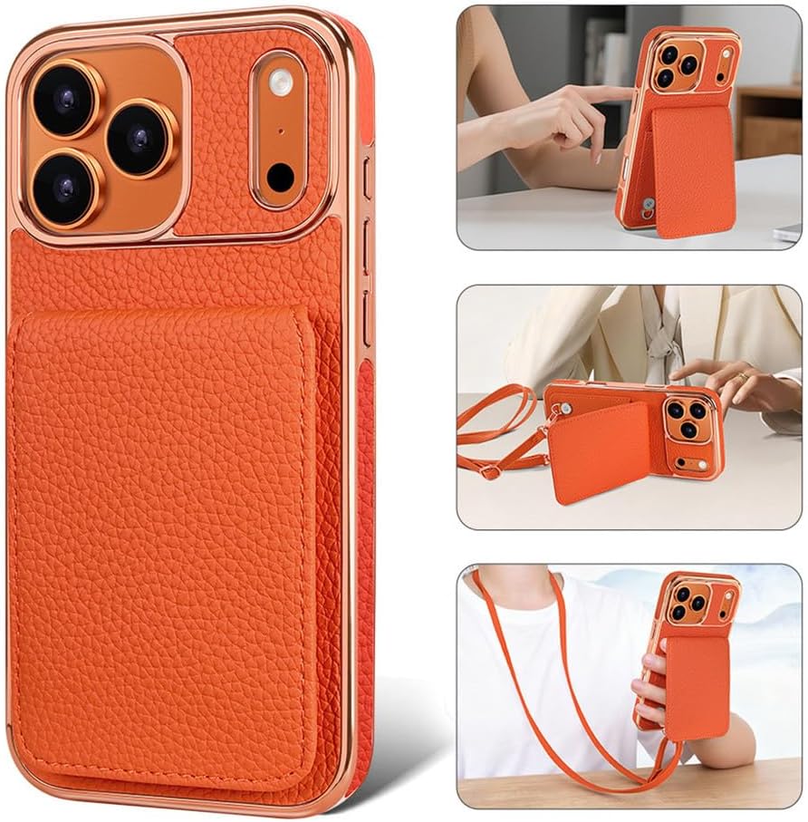 Crossbody Case for iPhone 17/17 Air/17 Pro/17 Pro Max, Plating Full Grain Leather Flip Standing Cover Long Shoulder Strap Wallet Shell Orange