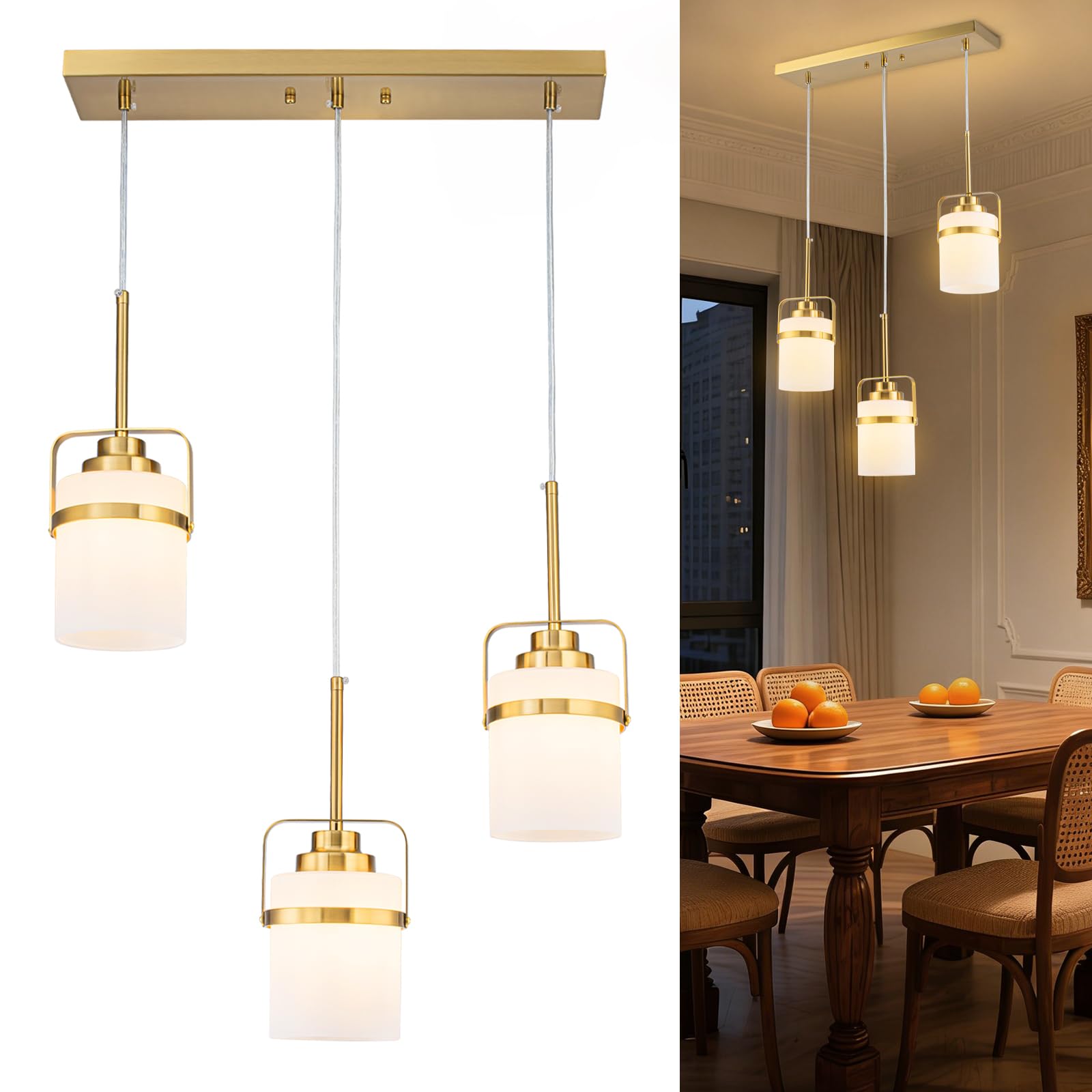 Photo 1 of BrkNit Brass 3-Light Pendant Light with Milk Glass Shade