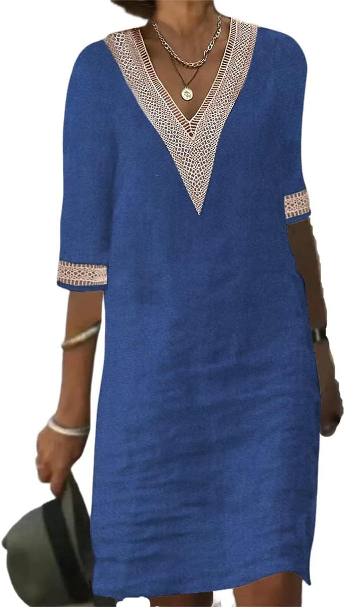 Bengbobar Womens Summer V Neck Linen Dress Loose Half Sleeve Solid Linen Dress Casual Classic Comfort Daily Wear Party Dress