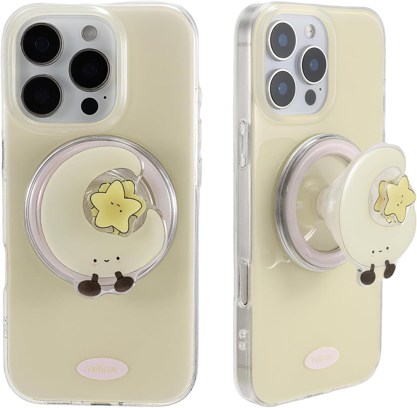 Cute Magnetic Phone Grip Compatible with Magsafe Case for iPhone 16 Pro Max, Swappable Secure Cartoon Moon & Rotatable Star Grip for Magnetic Phone Cases 6.9 Inch, Hands-Free Kickstand