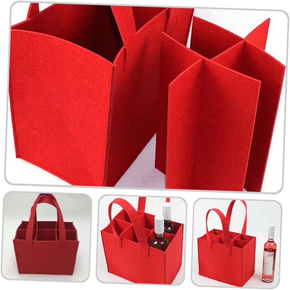 Reusable Felt Wine Bag for 6 Bottles, Divided Red Carrier
