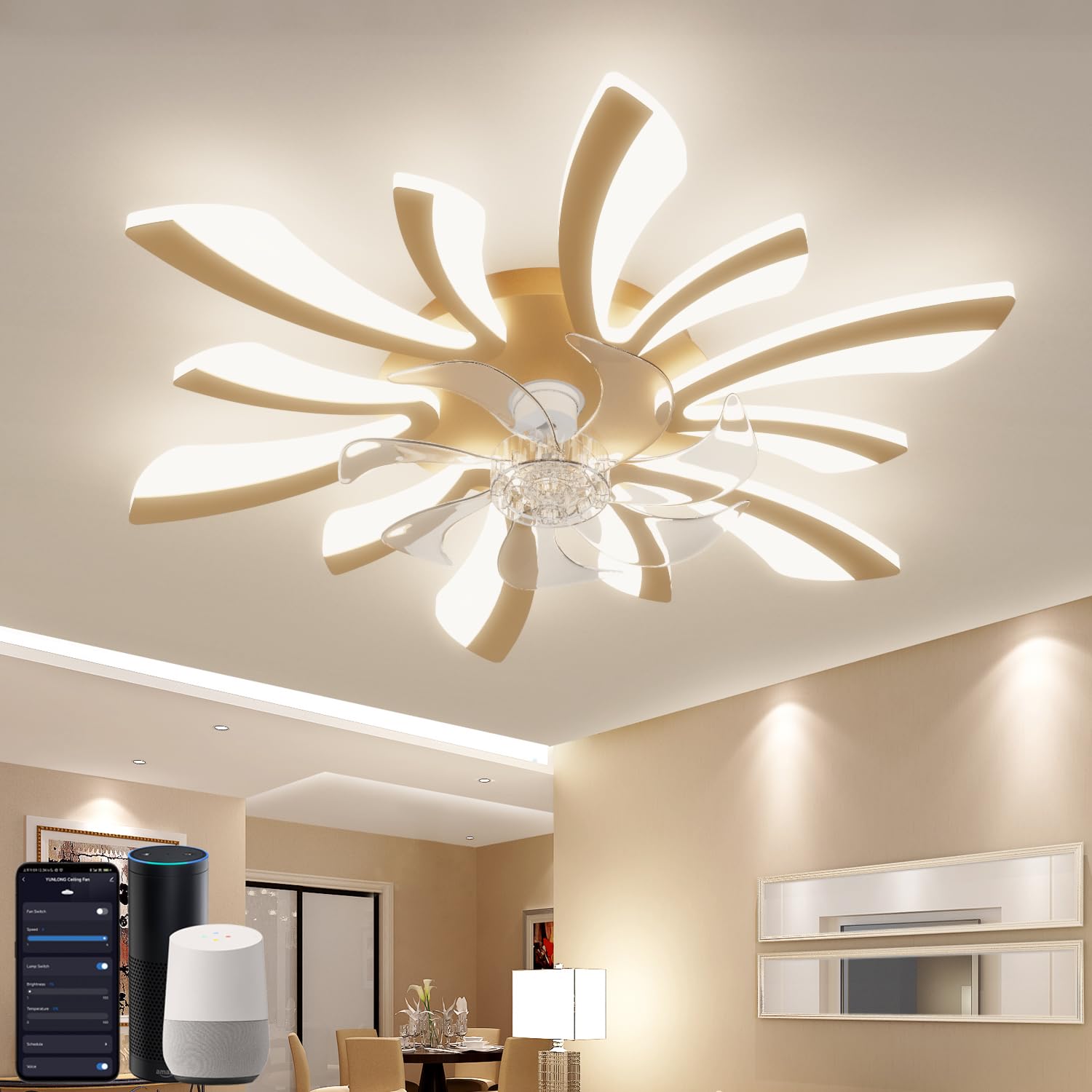 YUNLONG Smart Ceiling Fans with Lights, WiFi Ceiling Fans with Lamps Compatible with Alexa Google Home, Voice/Remote/App Control, Dimmable, DC Motor, for Bedroom, Kitchen, Lounge, Gold