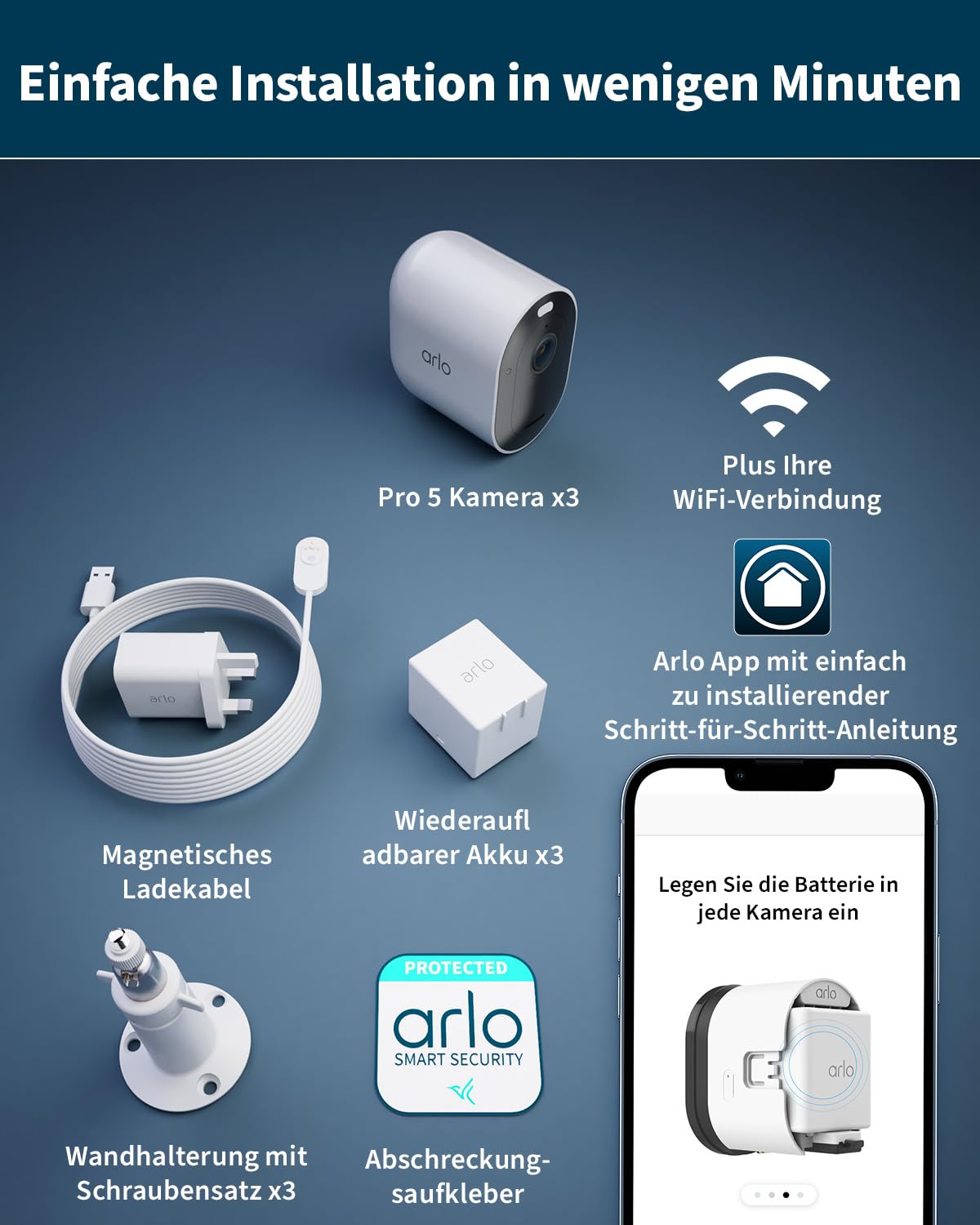 Arlo Pro 5 Überwachungskamera Aussen WLAN, 2K+ HDR Video, Kabellos, Verbesserte Farbnachtsicht, 160° Blickwinkel, Spotlight, 2-Wege Audio, Alarm Sirene + Arlo Secure Testzeitraum, 3er Set, Weiß