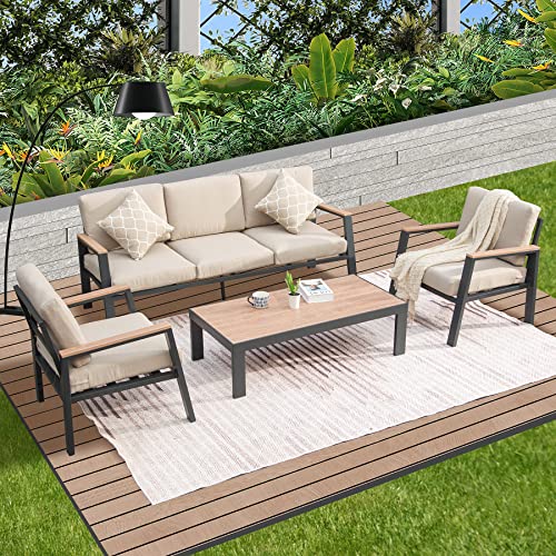 Domi Aluminum Patio Conversation Sets, 4 Pieces Modern Outdoor Patio Furniture Metal Sectional Sofa With 6.8 Inch Cushion And Coffee Table, Patio Furniture Sets For Balcony, Porch, Lawn (Khaki) #TOP25