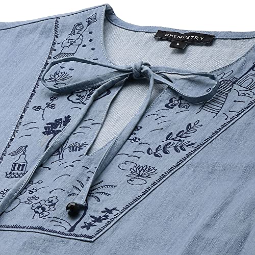 Image of Chemistry Women's Blue Cotton Ice Wash Denim Embroidered Yoke Kurta | Premium 100% Cotton Fabric | Trendy and Stylish | Intricate Embroidery Details | Regular Fit and Versatile | Elevate Your Ethnic Wardrobe
