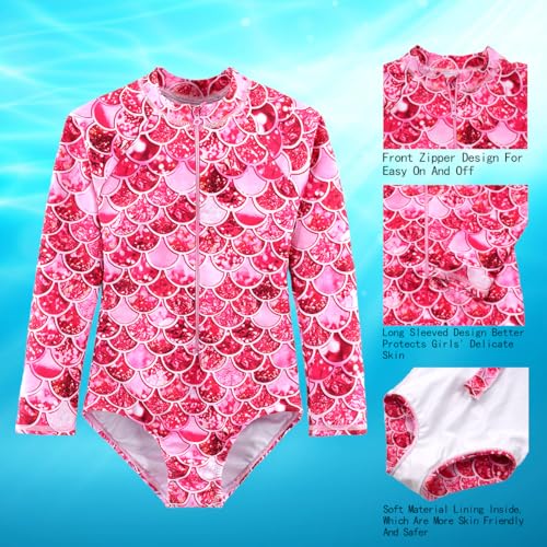 Image of Girls One Piece Swimsuit Long Sleeve Rash Guard UPF 50+ Age 2-12Y
