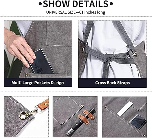 Miniatura 10 de Delantal de lona con bolsillos, delantal de chef de cocina, babero para hornear, pintura artística, delantal de jardín