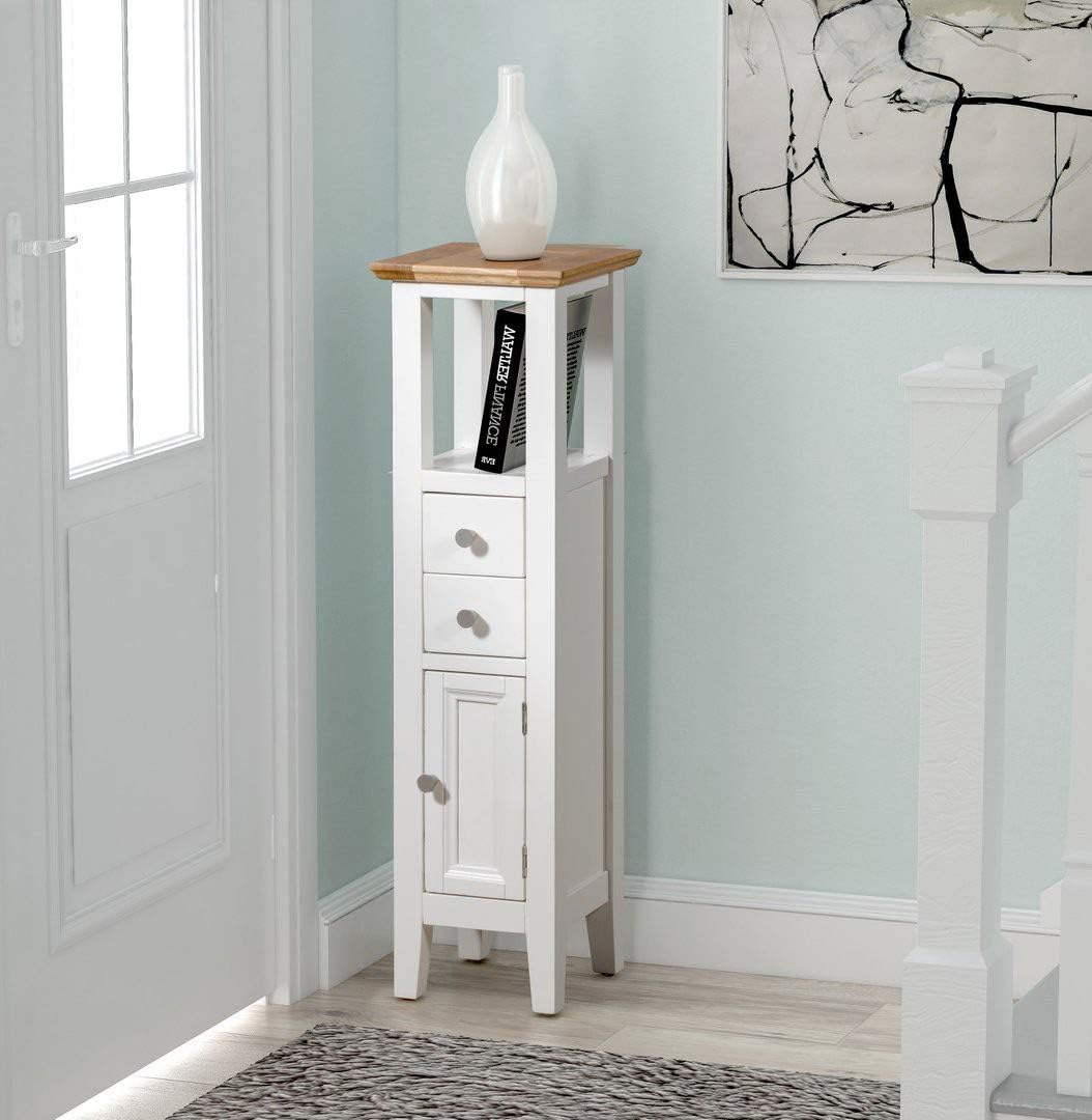 Hallowood Furniture Clifton Oak Painted Green Off White Open Top Tower Slim Cabinet with Cupboard, 2 Drawers & Shelf