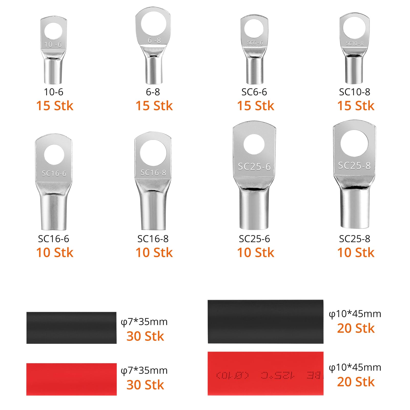 Proster Batterie Kabel Crimpzange Kit Kabelschuhe 6-50mm² mit 100 PCS AWG 10 8 6 4 （SC6-6-SC25-8）Bolzenloch Kupfer-Rohrkabelschuhen Quetschverbinder Kabelschuhzange