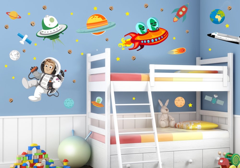 Nikima 005 - Adesivo da parete per cameretta dei bambini, motivo: mondo di alieni, luna, razzo spaziale, astronauta, disponibile in 6 misure (1500 x 840 mm)