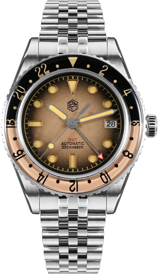 San Martin Men's Dive Watch - SN0134 NH34 40mm Self Wind Mechanical Wristwatch with 20Bar Water Resistant, Bubble Sapphire Crystal C3 Green Lume and Retro Leather Strap