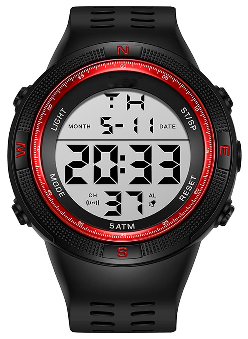 SENRUDMen's Outdoor Sports Watch Large Dial Easy-to-Read Digital Watch Multi-Functions LED Alarm Stopwatch Waterproof Wrist Watch for Men A Red