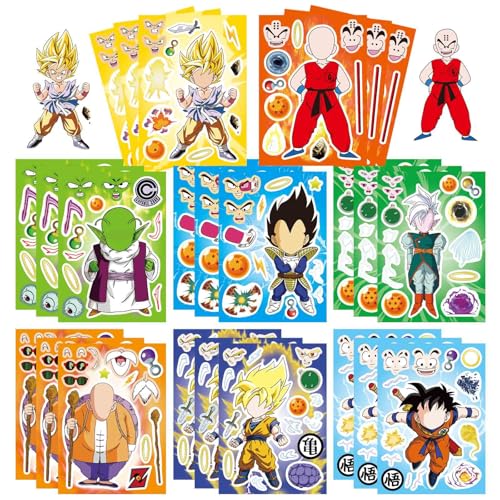 24 Sheets Cartoon Dragonball Make-a-face Stickers, Mixed & Matched with 6 Designed Characters Stickers for Party Decoration, Reward, Decor, Gift Idea