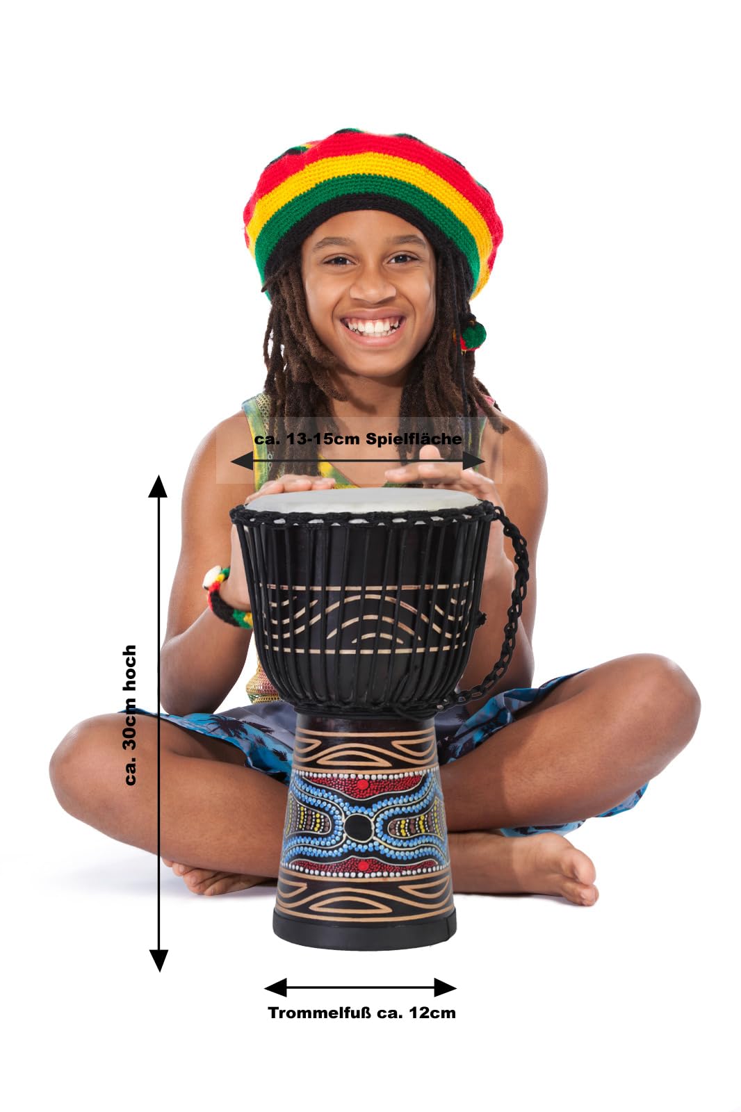 30cm tamburo djembe professionale bongo drum bush drum percussioni motivo colorato stile Africa - (per bambini in età da scuola materna)