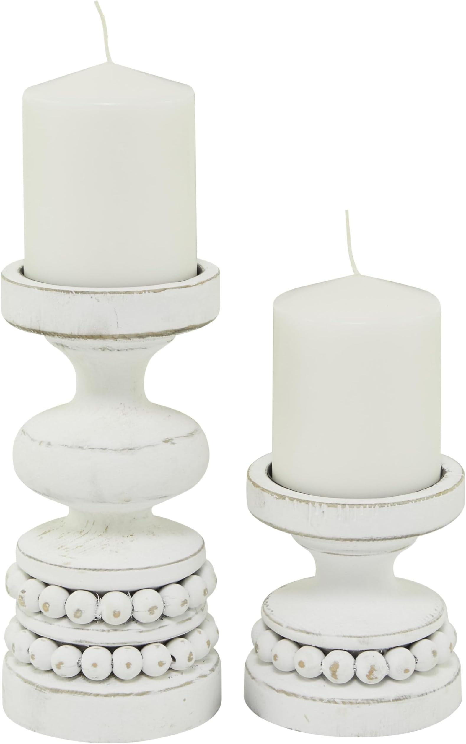 Deco 79 Wood Decorative Candle Holder Beaded Pillar Candle Stand, Set of 2 Candlestick Holder 8", 4"H, White