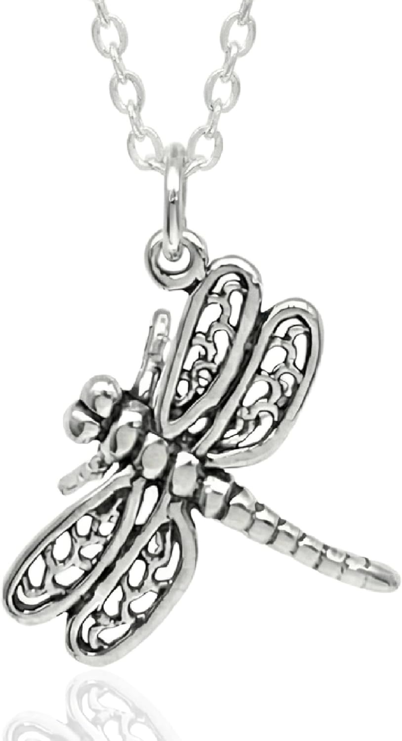 EnCharmed Large Dragonfly 3D Charm Necklace for Women, Sterling Silver Dainty Handmade Necklace, Nature Insect Filigree Pendant, Everyday Minimal Layering Jewelry, 18"