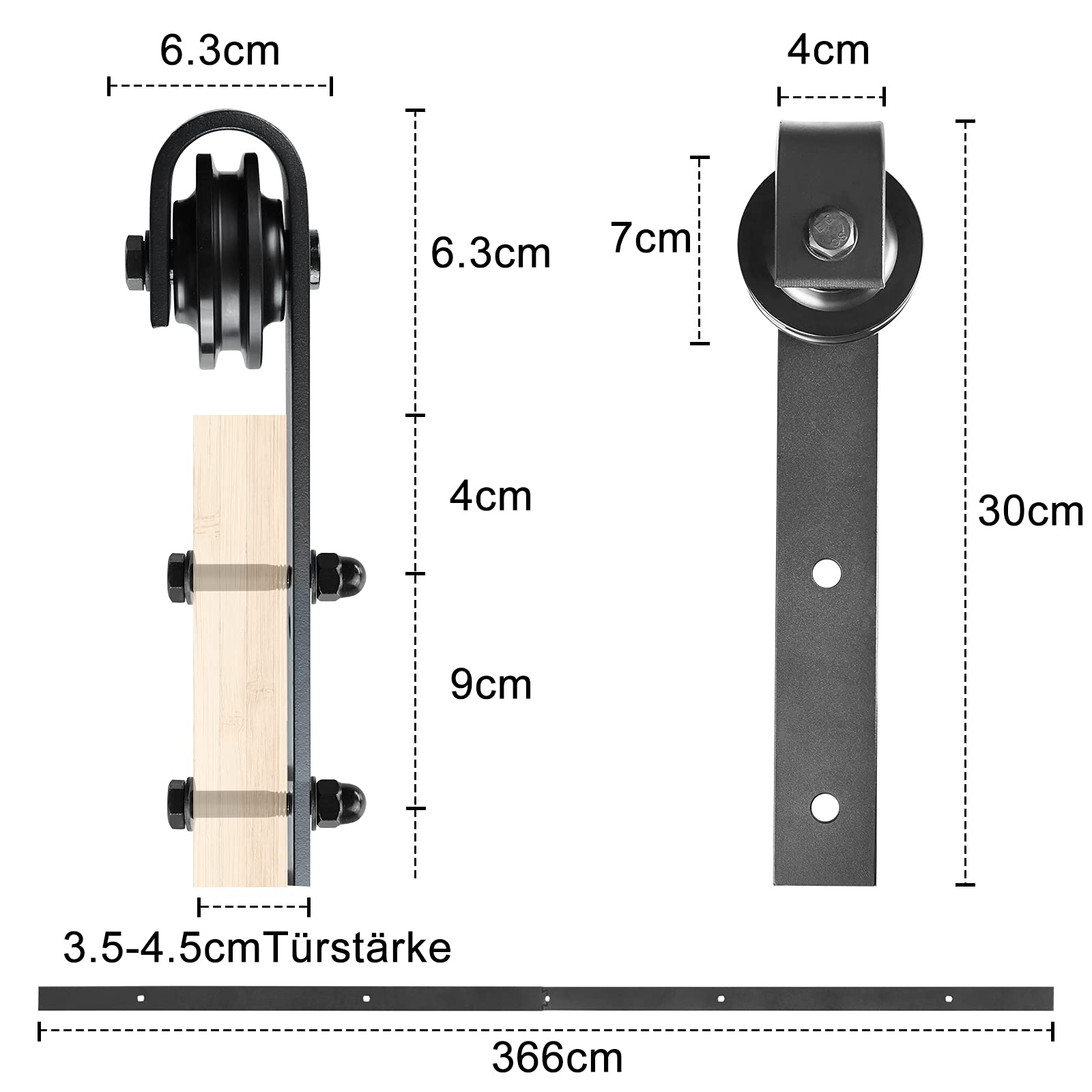 Maniglia per porta scorrevole, 366 cm, con ruote, sistema di porte scorrevoli con design silenzioso, portata fino a 130 kg, per porta in legno, camere, cucina, magazzino