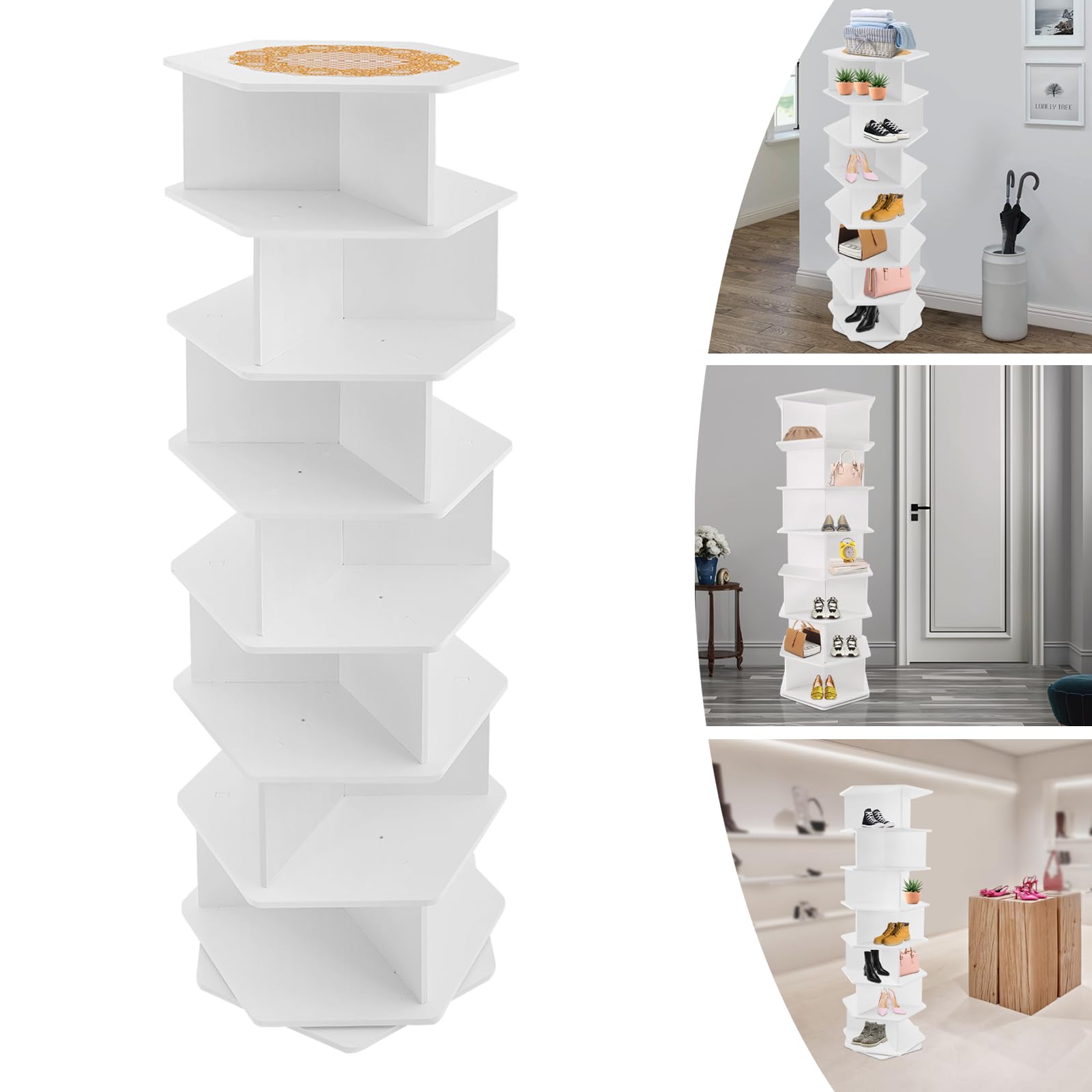 7 Stufen Rotierendes Schuhregal Weiß PVC 360 Grad Drehbar Höhe 165.5cm 30x30cm Grundfläche 21 Fächer Starke 50kg Tragkraft Freistehend Für Eingang Wohnzimmer Flur Garderobe Haushalt