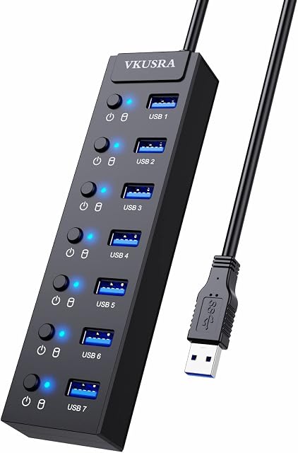USB Hub 3.0, VKUSRA 7-Port Data USB Hubs Splitter with LED Individual On/Off Switches and Extended Long Cable for Laptop, PC, MacBook, Mac Pro, Mac Mini, iMac, PS4, HDD, Surface Pro and More