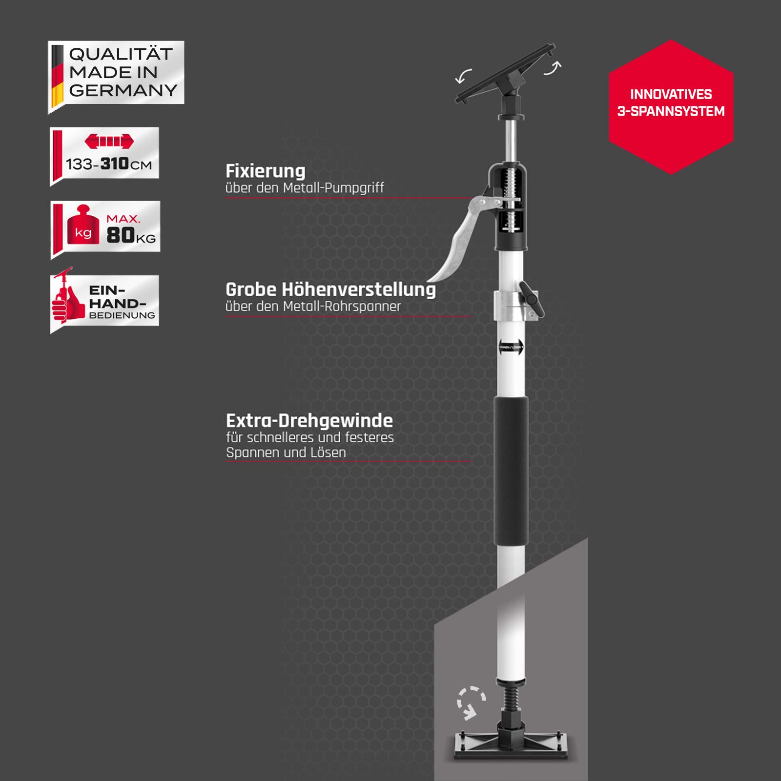 2x MULTISPANN® Montagestütze 133-310cm - Max. 80kg - Made in Germany - Deckenstütze, Einhandstütze und Baustütze mit innovativem 3-Spannsystem - Für Handwerk und Industrie - MS-MS80-310