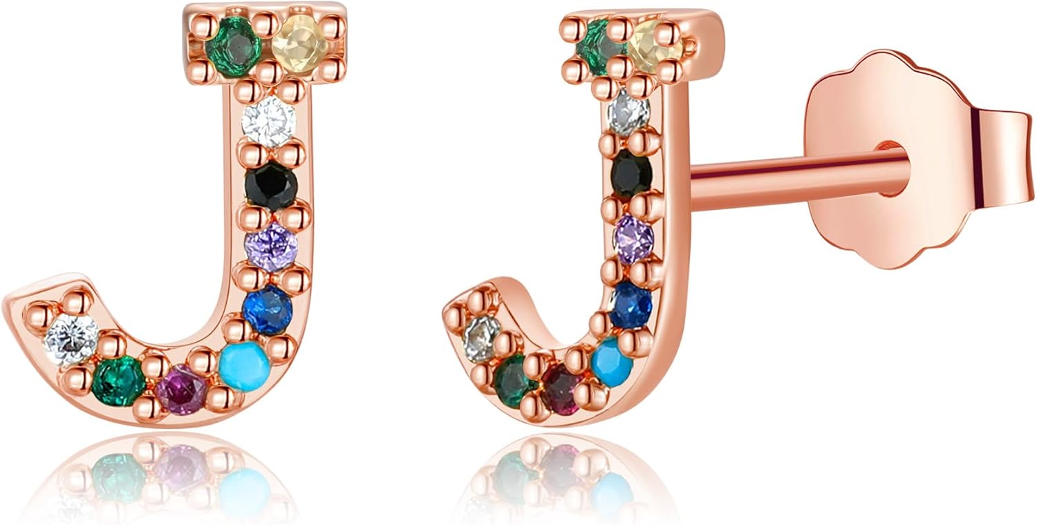 Memorjew Initial Stud Earrings for Women, Hypoallergenic 925 Sterling Silver Post Rainbow Cubic Zirconia 14K-Gold-Plated 26 Initial Earrings for Women Jewelry Gifts