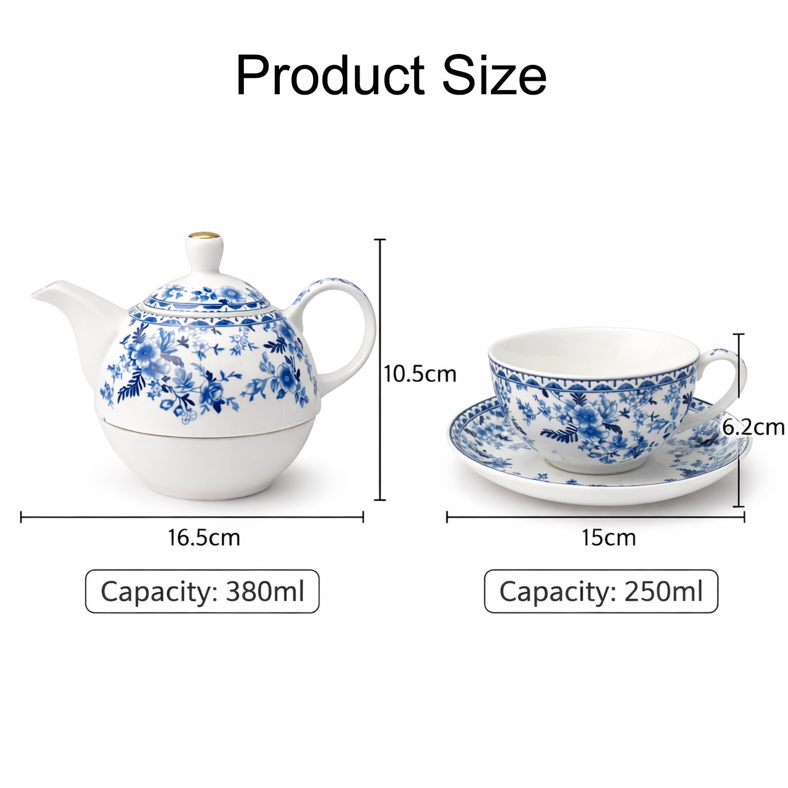 Porcelain Tea for One Set Beautiful Flower Ceramic Teapot with Cup Gifted Box (Blue and White)