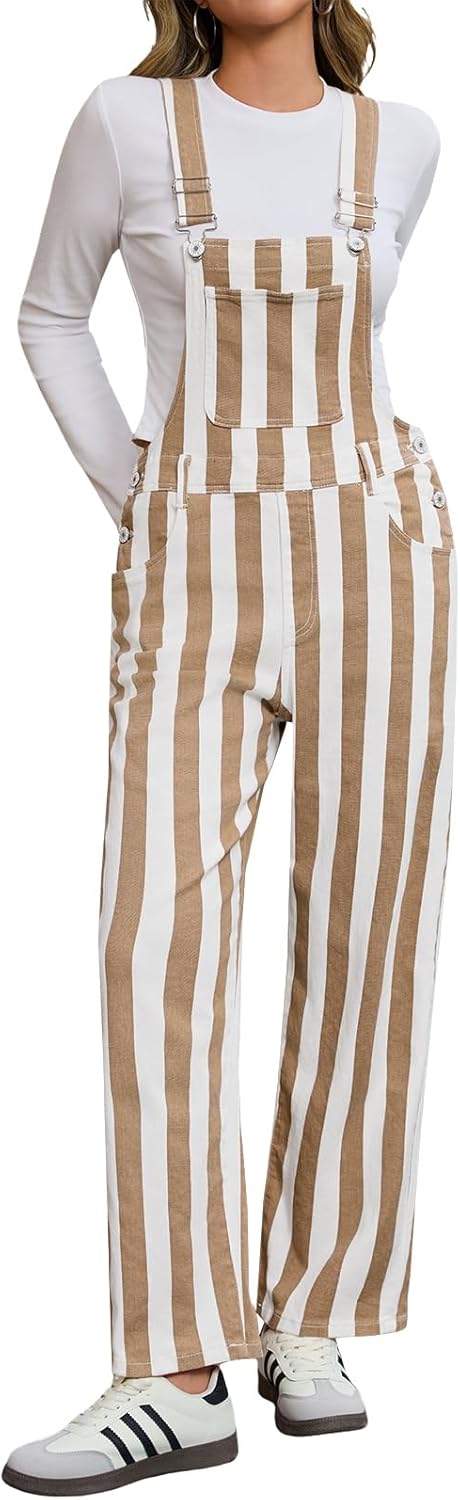 Cicy Bell Womens Casual Striped Bib Overalls Adjustable Straps Straight Leg Jumpsuits Denim Jean Long Rompers Pants