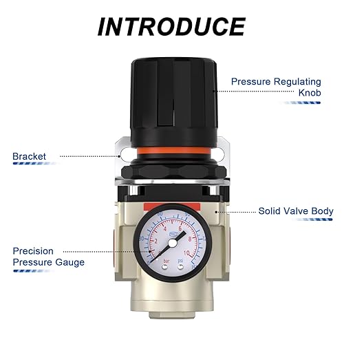 Miniatura 22 de AIRZOE Regulador de presión de aire NPT de 1/4", sistema de aire comprimido,Mini regulador de aire AR2000-02,0-150 PSI Gauge