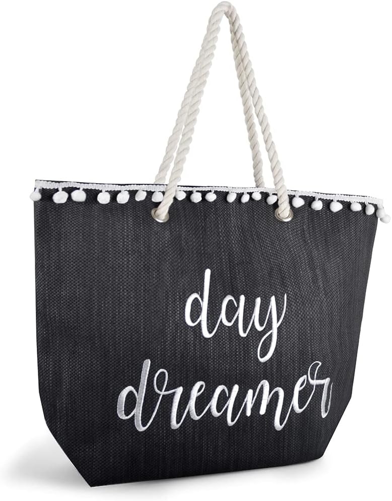 IUEG Womens Beach Bag Shoulder Tote Bag Reusable Beach Holiday Metallic or Canvas Summer Handbag (Grey - Day Dreamer)