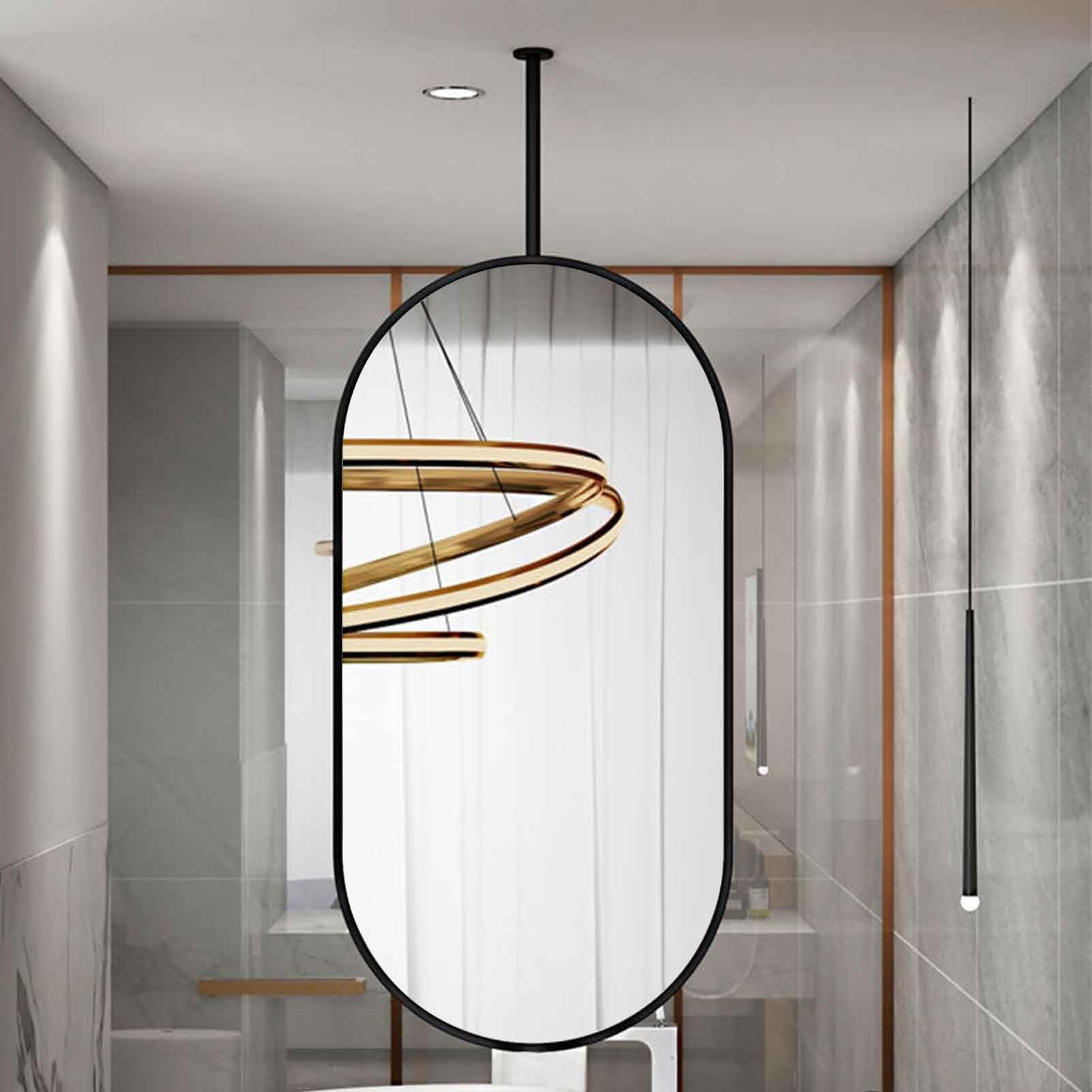 FGXHHS Black, Oval Ceiling Hanging Metal Framed Home Hotel Floating Vanity Makeup HD Mirrors(50cmx100cm)