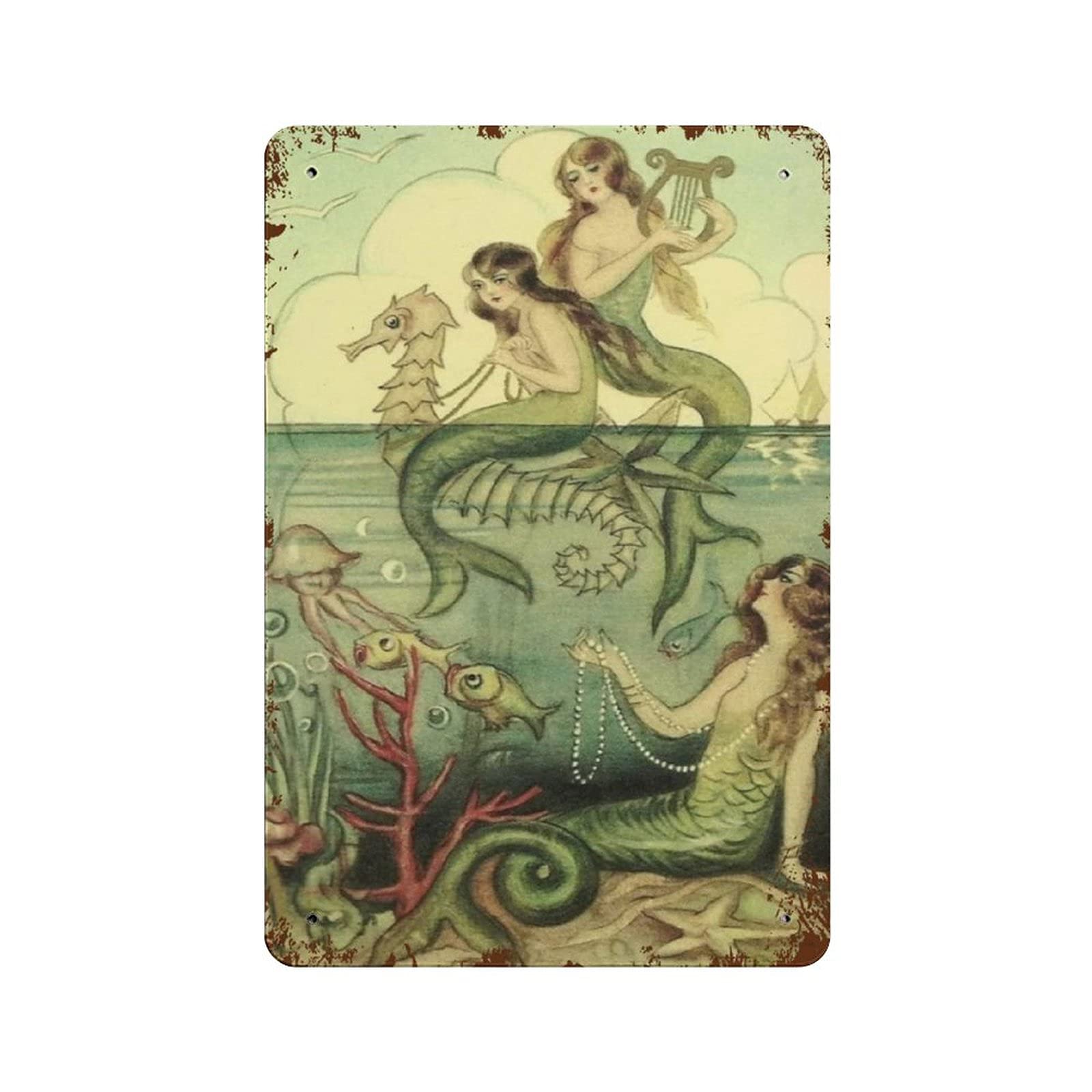 Hdadwy Mermaids Metal Tin Sign Vintage Tin Poster Metal Sign Wall Decoration Country Kitchen Home Garage Decor 12"X8"