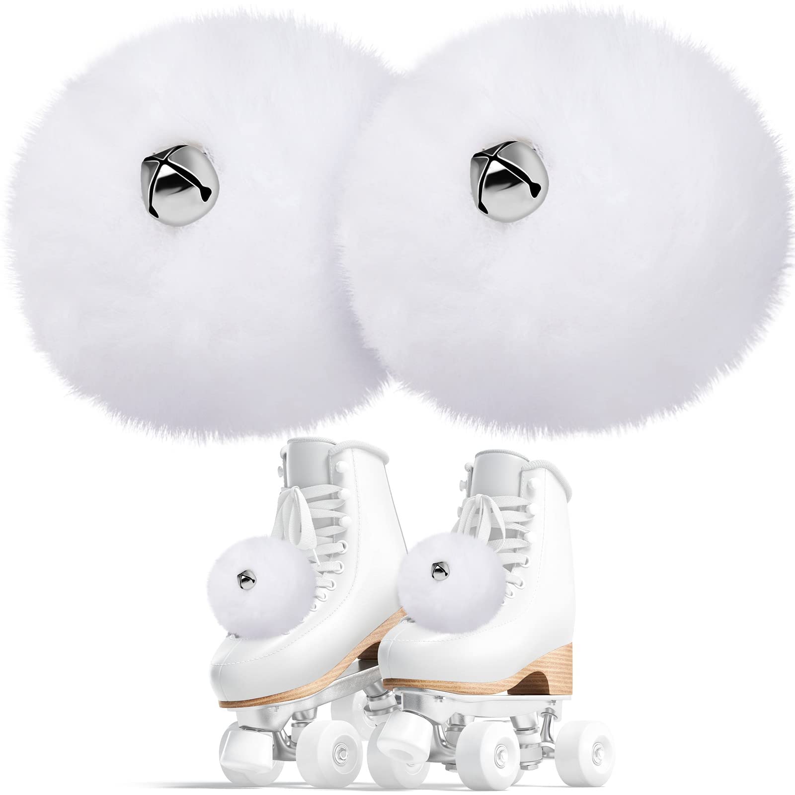 2 Pieces Roller Skate Pom Poms with Bells for Women Girls Princess Fluffy Tie-on Roller Skate Pom Poms Fuzzy Pom Poms for Quad Roller Skate Accessories