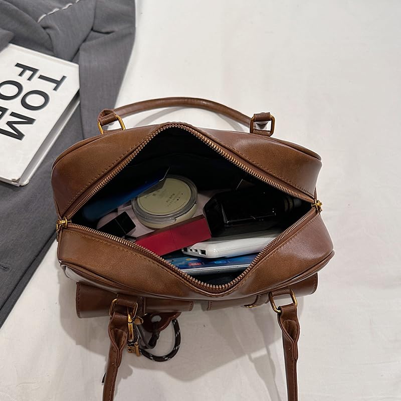 Y2K Shoulder Purses for Women Multi Pockets Designer Handbag Satchel PU Leather Retro Boston Handbag with Pendant4