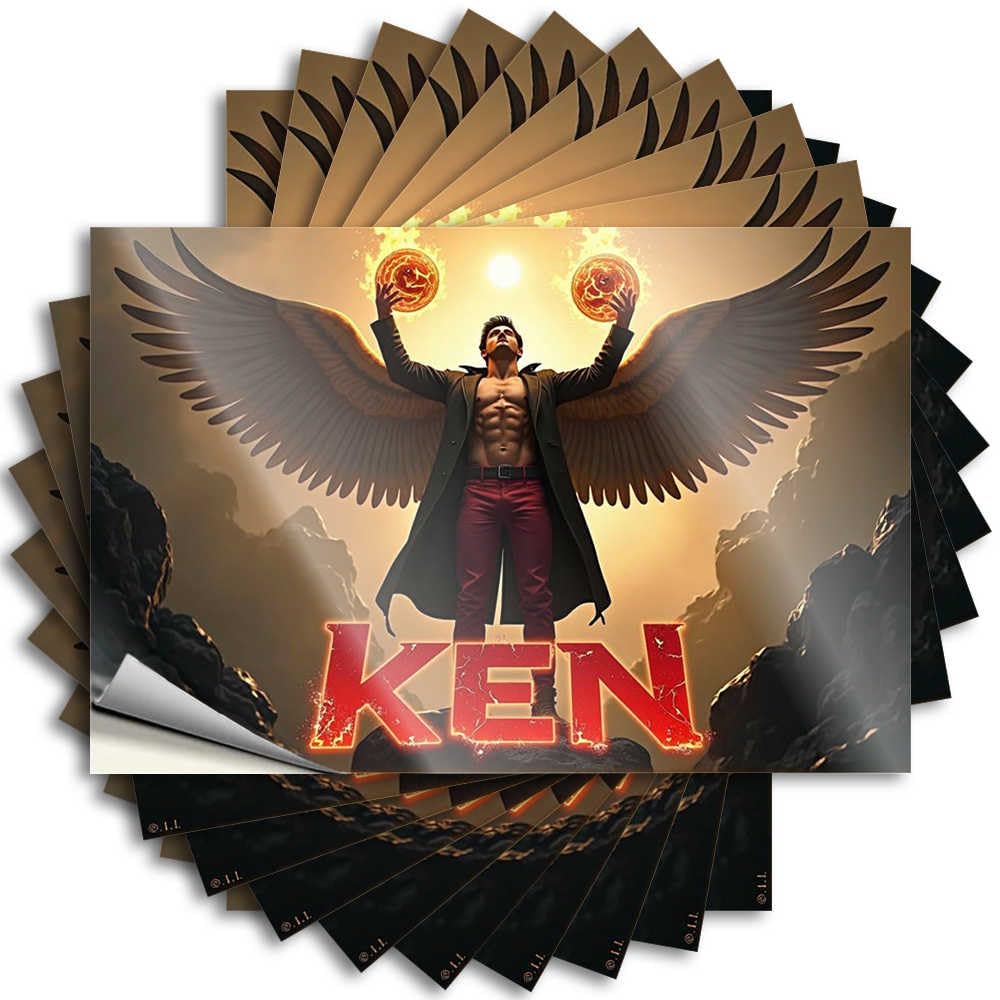Man Cave Decor Wall Lettering Sticker - Ken: The Winged Warrior with Fiery Spheres High Durable Sticker Easy Apply for Absorbing Decor(12X18CM)