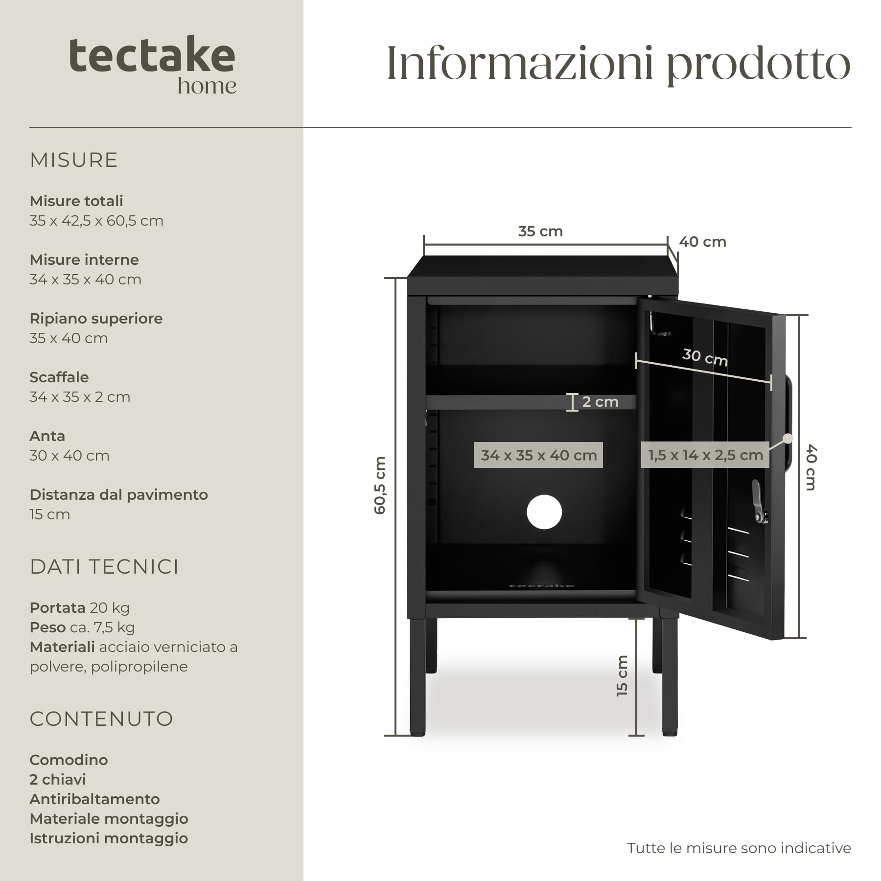 tectake® Comodino Camera da Letto in acciaio, 35x42,5x60,5 cm, mobiletto salvaspazio, ripiano regolabile, anta con chiave, chiusura magnetica, piedini regolabili, Tavolino Laterale da Divano - Nero