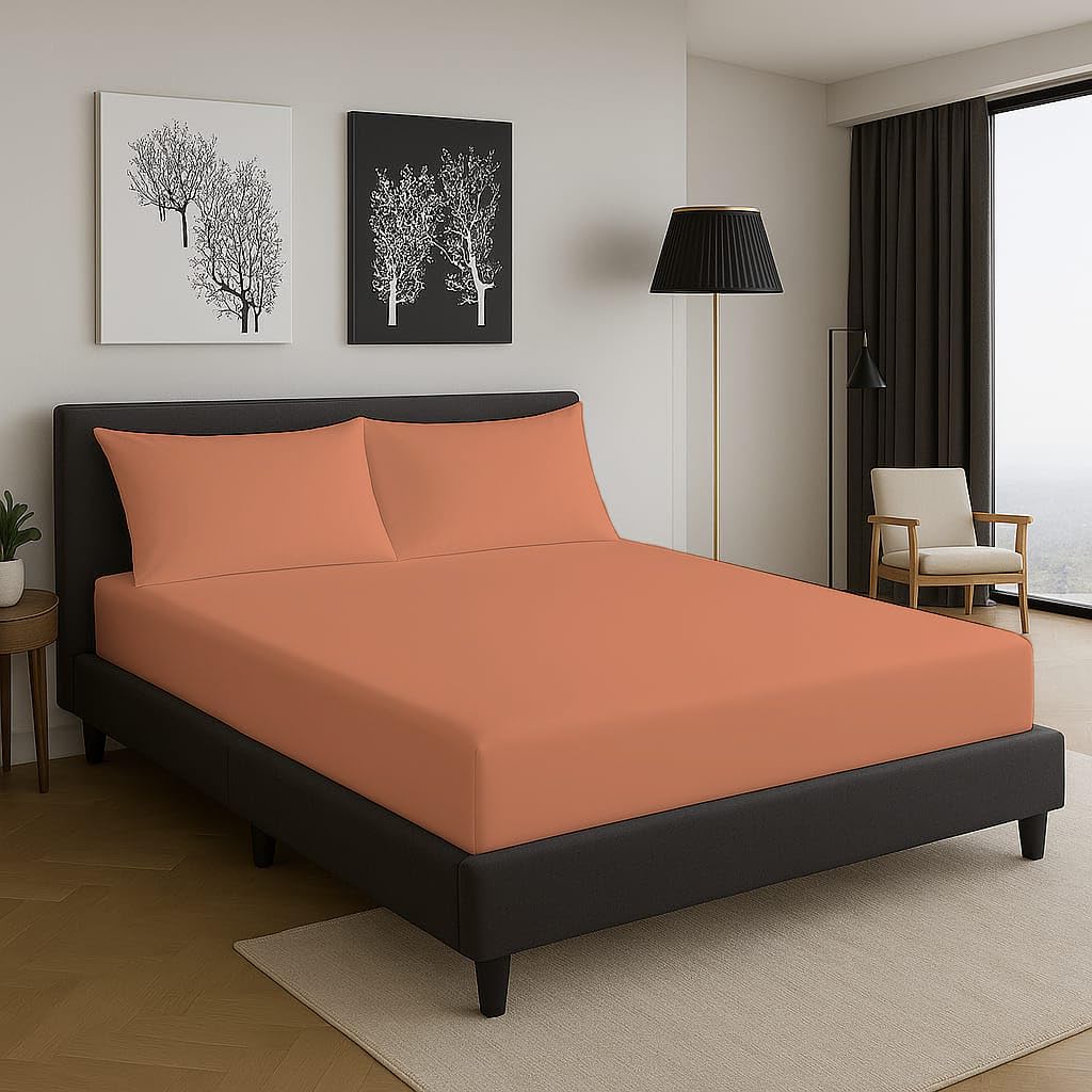 Fitted Sheet Super Soft Easy Care Non Iron Percale 100% Polycotton Bed Linen with 25CM Depth Luxury Bedding Bedsheet (Peach, Super King)