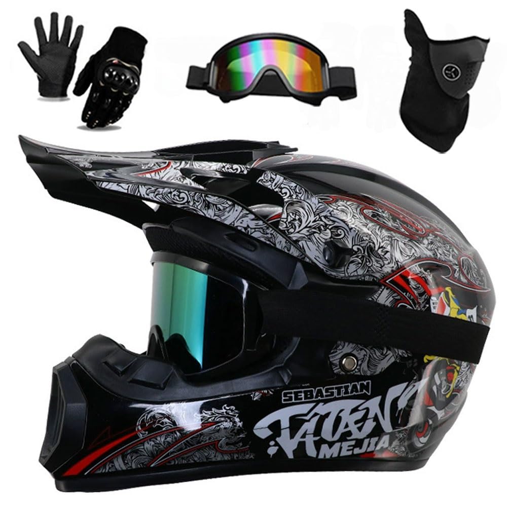 Casco Integral para Motocross Homologado por La Dot - Kit Completo de Casco para ATV para Adultos Y NiñOs con Gafas, Guantes, MáScara, Visera Ajustable Y Cierre RáPido