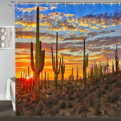 Cactus Shower Curtain, Western Nature Wild West Nature Sunset in Sonoran Desert Near Phoenix Fabric Bath Curtain Waterproof Bathroom Curtain with 12 Hooks,69x70inches
