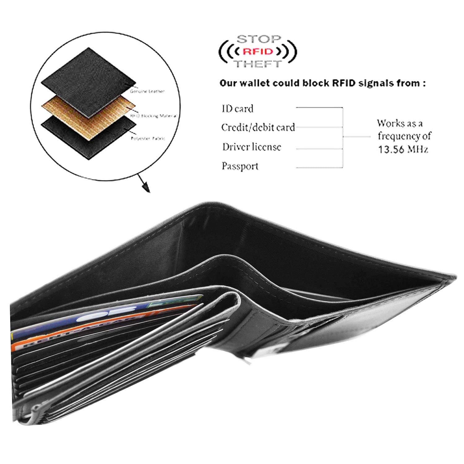 Charmoni - Max - Grand Portefeuille - Portefeuille Homme - Anti piratage Protection RFID Blocage - 4 Volets - Cuir Vachette - 22 Carte Bleu - Rangement complèt (Cuir Vachette, Noir)
