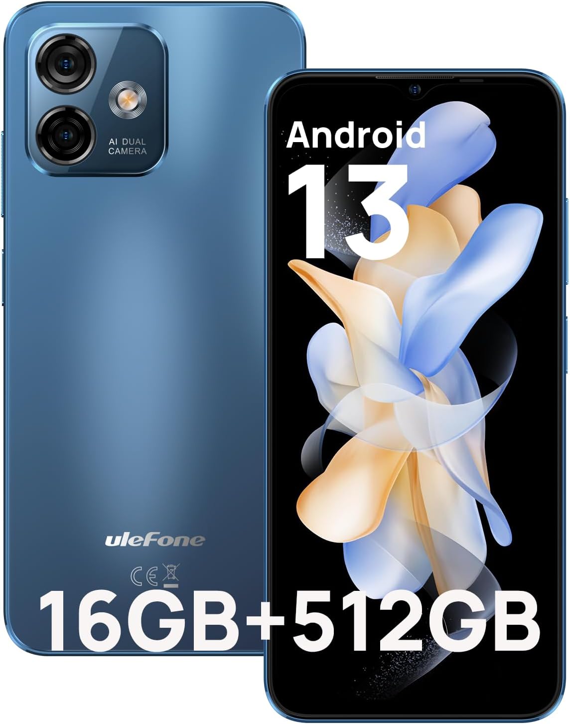 UlefoneNote 16 Pro 512GB SIM-Free & Unlocked Mobile Phones, Android 13 Smartphones, 50MP+8MP, Octa Core, 4G Dual SIM Smart Phone, 6.52" HD+, 4400mAh Battery, Global Android Phone, 2-Year, Blue