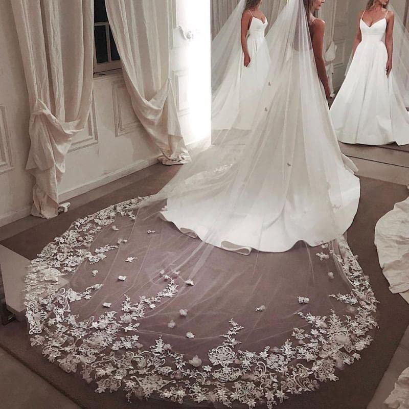 Boda Velos de Novia Catedral de Encaje por Encargo 3D Apliques 300 cm Borde Cortado Velo Blanco Marfil Boda con Peine (Color : Champagne, Size : 300cm)