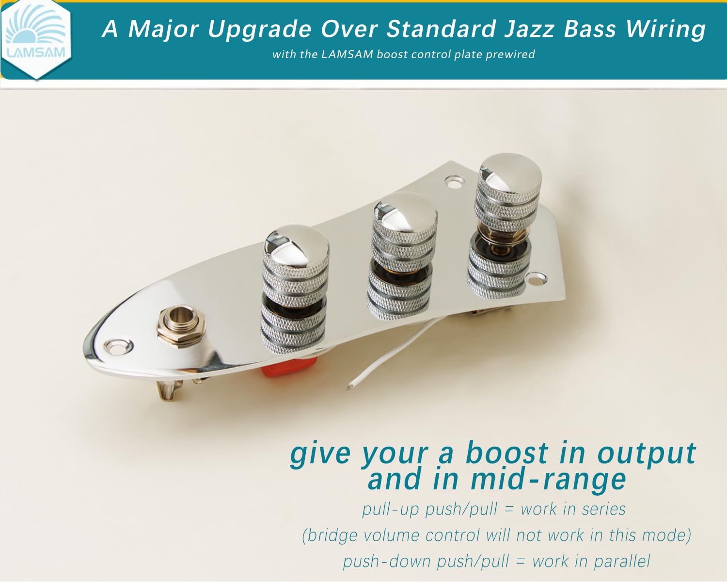 Placa de control precableada para bajo jazz, placa de control de bajo J cargada con arnés de cableado, potenciómetros de empuje y tracción, conector de salida de contacto completo, como piezas