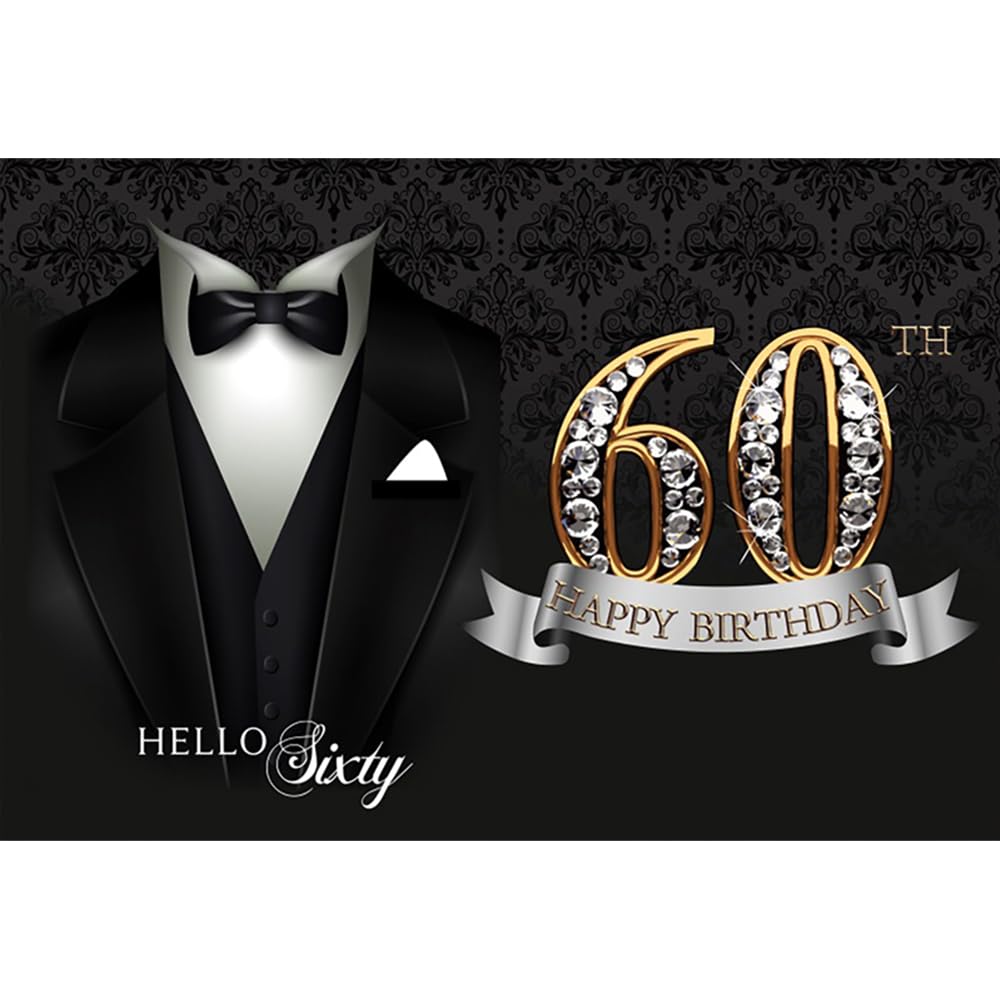 TTQYFNM 10x6.5ft Men 60th Birthday Backdrop Black Necktie Suit Tuxedo Diamonds Gold 60th Happy Birthday Photography Background Hello Sixty Birthday