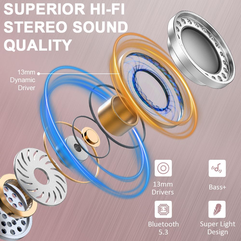 Cuffie wireless Bluetooth 5.4 HiFi stereo, riduzione del rumore ENC | 42H - Cuffie wireless Bluetooth con driver da 13 mm, design mini da 3,5 g, display LED, USB-C, IP7, cuffie iOS Android