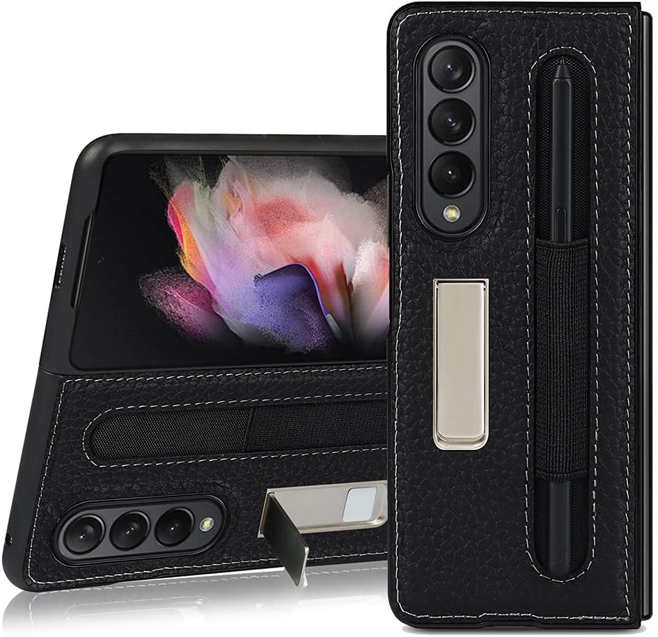 for Samsung Galaxy Z Fold 3 Case Luxury Leather with S-Pen Pocket, Z Fold 3 Case with S Pen Holder Built-in Magnetic Kickstand Shockproof Cover for Samsung Galaxy Z Fold 3 5G (Black)