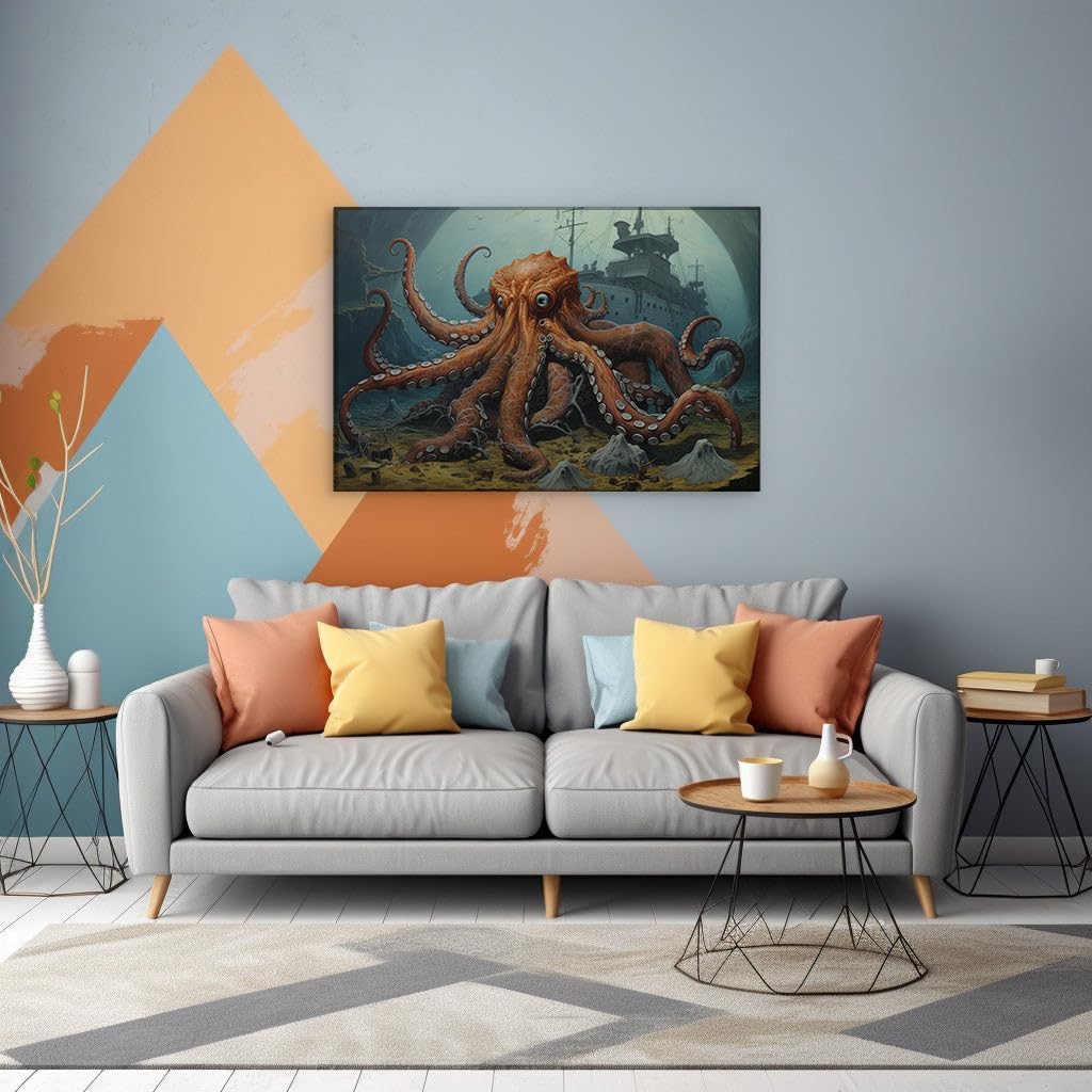 Canvas for Living room. Mysteries of the Deep: The Octopus Guardian and the Sunken Ship's Last Stand, 27 x 18 inch Canvas Wall Art - Ready to Hang - 69x46 cm (27x18 inch)